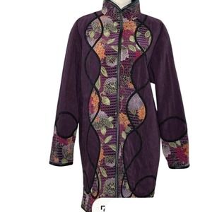 KOOS Women's Purple Floral Quilted L/XL Long Leather Jacket Coat Reversible